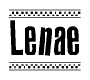 The image is a black and white clipart of the text Lenae in a bold, italicized font. The text is bordered by a dotted line on the top and bottom, and there are checkered flags positioned at both ends of the text, usually associated with racing or finishing lines.