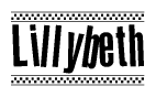 The clipart image displays the text Lillybeth in a bold, stylized font. It is enclosed in a rectangular border with a checkerboard pattern running below and above the text, similar to a finish line in racing. 
