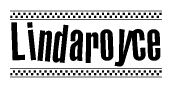 The image contains the text Lindaroyce in a bold, stylized font, with a checkered flag pattern bordering the top and bottom of the text.