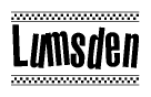 The clipart image displays the text Lumsden in a bold, stylized font. It is enclosed in a rectangular border with a checkerboard pattern running below and above the text, similar to a finish line in racing. 