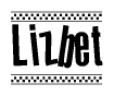 The image contains the text Lizbet in a bold, stylized font, with a checkered flag pattern bordering the top and bottom of the text.