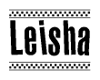 The image is a black and white clipart of the text Leisha in a bold, italicized font. The text is bordered by a dotted line on the top and bottom, and there are checkered flags positioned at both ends of the text, usually associated with racing or finishing lines.