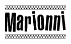 The image is a black and white clipart of the text Marionni in a bold, italicized font. The text is bordered by a dotted line on the top and bottom, and there are checkered flags positioned at both ends of the text, usually associated with racing or finishing lines.