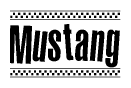 The image is a black and white clipart of the text Mustang in a bold, italicized font. The text is bordered by a dotted line on the top and bottom, and there are checkered flags positioned at both ends of the text, usually associated with racing or finishing lines.