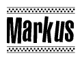 The image contains the text Markus in a bold, stylized font, with a checkered flag pattern bordering the top and bottom of the text.