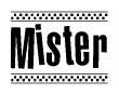 The clipart image displays the text Mister in a bold, stylized font. It is enclosed in a rectangular border with a checkerboard pattern running below and above the text, similar to a finish line in racing. 