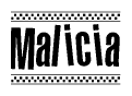 The clipart image displays the text Malicia in a bold, stylized font. It is enclosed in a rectangular border with a checkerboard pattern running below and above the text, similar to a finish line in racing. 
