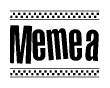 The image is a black and white clipart of the text Memea in a bold, italicized font. The text is bordered by a dotted line on the top and bottom, and there are checkered flags positioned at both ends of the text, usually associated with racing or finishing lines.