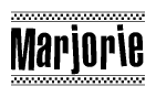 The image contains the text Marjorie in a bold, stylized font, with a checkered flag pattern bordering the top and bottom of the text.