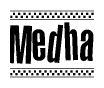 The clipart image displays the text Medha in a bold, stylized font. It is enclosed in a rectangular border with a checkerboard pattern running below and above the text, similar to a finish line in racing. 