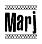 The image is a black and white clipart of the text Marj in a bold, italicized font. The text is bordered by a dotted line on the top and bottom, and there are checkered flags positioned at both ends of the text, usually associated with racing or finishing lines.