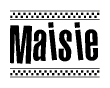 The image is a black and white clipart of the text Maisie in a bold, italicized font. The text is bordered by a dotted line on the top and bottom, and there are checkered flags positioned at both ends of the text, usually associated with racing or finishing lines.