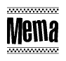 The image contains the text Mema in a bold, stylized font, with a checkered flag pattern bordering the top and bottom of the text.