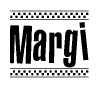 The clipart image displays the text Margi in a bold, stylized font. It is enclosed in a rectangular border with a checkerboard pattern running below and above the text, similar to a finish line in racing. 