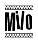 The image is a black and white clipart of the text Milo in a bold, italicized font. The text is bordered by a dotted line on the top and bottom, and there are checkered flags positioned at both ends of the text, usually associated with racing or finishing lines.