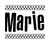 The image contains the text Marie in a bold, stylized font, with a checkered flag pattern bordering the top and bottom of the text.