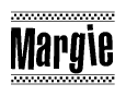 The image is a black and white clipart of the text Margie in a bold, italicized font. The text is bordered by a dotted line on the top and bottom, and there are checkered flags positioned at both ends of the text, usually associated with racing or finishing lines.