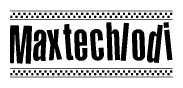 The image is a black and white clipart of the text Maxtechlodi in a bold, italicized font. The text is bordered by a dotted line on the top and bottom, and there are checkered flags positioned at both ends of the text, usually associated with racing or finishing lines.
