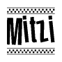The image is a black and white clipart of the text Mitzi in a bold, italicized font. The text is bordered by a dotted line on the top and bottom, and there are checkered flags positioned at both ends of the text, usually associated with racing or finishing lines.