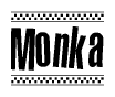 The image contains the text Monka in a bold, stylized font, with a checkered flag pattern bordering the top and bottom of the text.