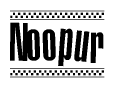 The clipart image displays the text Noopur in a bold, stylized font. It is enclosed in a rectangular border with a checkerboard pattern running below and above the text, similar to a finish line in racing. 