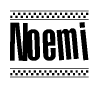 The image is a black and white clipart of the text Noemi in a bold, italicized font. The text is bordered by a dotted line on the top and bottom, and there are checkered flags positioned at both ends of the text, usually associated with racing or finishing lines.