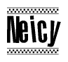 The image is a black and white clipart of the text Neicy in a bold, italicized font. The text is bordered by a dotted line on the top and bottom, and there are checkered flags positioned at both ends of the text, usually associated with racing or finishing lines.