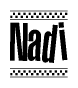 The image is a black and white clipart of the text Nadi in a bold, italicized font. The text is bordered by a dotted line on the top and bottom, and there are checkered flags positioned at both ends of the text, usually associated with racing or finishing lines.