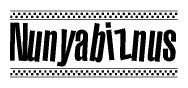 The image contains the text Nunyabiznus in a bold, stylized font, with a checkered flag pattern bordering the top and bottom of the text.