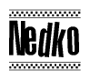 The image contains the text Nedko in a bold, stylized font, with a checkered flag pattern bordering the top and bottom of the text.