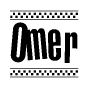The image contains the text Omer in a bold, stylized font, with a checkered flag pattern bordering the top and bottom of the text.