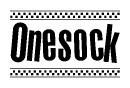The image contains the text Onesock in a bold, stylized font, with a checkered flag pattern bordering the top and bottom of the text.