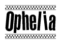 The image contains the text Ophelia in a bold, stylized font, with a checkered flag pattern bordering the top and bottom of the text.