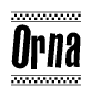 The image is a black and white clipart of the text Orna in a bold, italicized font. The text is bordered by a dotted line on the top and bottom, and there are checkered flags positioned at both ends of the text, usually associated with racing or finishing lines.
