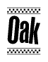 The image contains the text Oak in a bold, stylized font, with a checkered flag pattern bordering the top and bottom of the text.