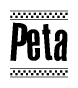 The image is a black and white clipart of the text Peta in a bold, italicized font. The text is bordered by a dotted line on the top and bottom, and there are checkered flags positioned at both ends of the text, usually associated with racing or finishing lines.