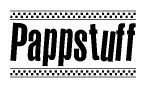 The image is a black and white clipart of the text Pappstuff in a bold, italicized font. The text is bordered by a dotted line on the top and bottom, and there are checkered flags positioned at both ends of the text, usually associated with racing or finishing lines.
