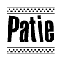 The image contains the text Patie in a bold, stylized font, with a checkered flag pattern bordering the top and bottom of the text.