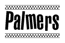 The image is a black and white clipart of the text Palmers in a bold, italicized font. The text is bordered by a dotted line on the top and bottom, and there are checkered flags positioned at both ends of the text, usually associated with racing or finishing lines.