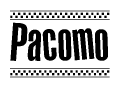 The image is a black and white clipart of the text Pacomo in a bold, italicized font. The text is bordered by a dotted line on the top and bottom, and there are checkered flags positioned at both ends of the text, usually associated with racing or finishing lines.