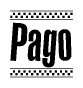 The image is a black and white clipart of the text Pago in a bold, italicized font. The text is bordered by a dotted line on the top and bottom, and there are checkered flags positioned at both ends of the text, usually associated with racing or finishing lines.
