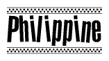 The image is a black and white clipart of the text Philippine in a bold, italicized font. The text is bordered by a dotted line on the top and bottom, and there are checkered flags positioned at both ends of the text, usually associated with racing or finishing lines.