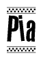 The image is a black and white clipart of the text Pia in a bold, italicized font. The text is bordered by a dotted line on the top and bottom, and there are checkered flags positioned at both ends of the text, usually associated with racing or finishing lines.