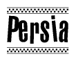 The image is a black and white clipart of the text Persia in a bold, italicized font. The text is bordered by a dotted line on the top and bottom, and there are checkered flags positioned at both ends of the text, usually associated with racing or finishing lines.