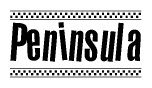 The image is a black and white clipart of the text Peninsula in a bold, italicized font. The text is bordered by a dotted line on the top and bottom, and there are checkered flags positioned at both ends of the text, usually associated with racing or finishing lines.