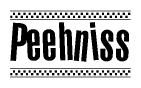 The image contains the text Peehniss in a bold, stylized font, with a checkered flag pattern bordering the top and bottom of the text.