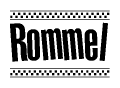 The image contains the text Rommel in a bold, stylized font, with a checkered flag pattern bordering the top and bottom of the text.
