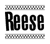 The image is a black and white clipart of the text Reese in a bold, italicized font. The text is bordered by a dotted line on the top and bottom, and there are checkered flags positioned at both ends of the text, usually associated with racing or finishing lines.