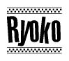 The image is a black and white clipart of the text Ryoko in a bold, italicized font. The text is bordered by a dotted line on the top and bottom, and there are checkered flags positioned at both ends of the text, usually associated with racing or finishing lines.