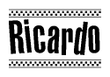 The clipart image displays the text Ricardo in a bold, stylized font. It is enclosed in a rectangular border with a checkerboard pattern running below and above the text, similar to a finish line in racing. 
